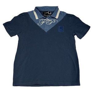 RAF SIMONS X FRED PERRY men's navy, blue, grey embroidered polo shirt, size 38.